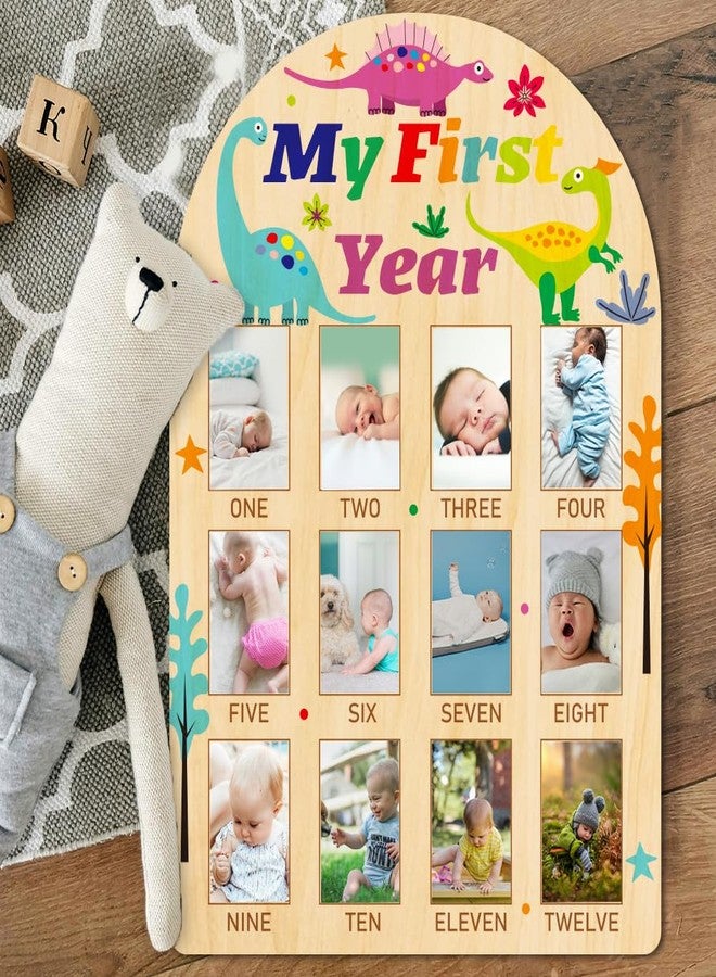 ORIGACH My First Year Baby Growth Photo Display Wood Board - 12 Months Newborn Milestones Photo Board - Neutral Baby Keepsake Board 1st Birthday Party Nursery Decor New Mom Gift - Dinosaur - Image 4